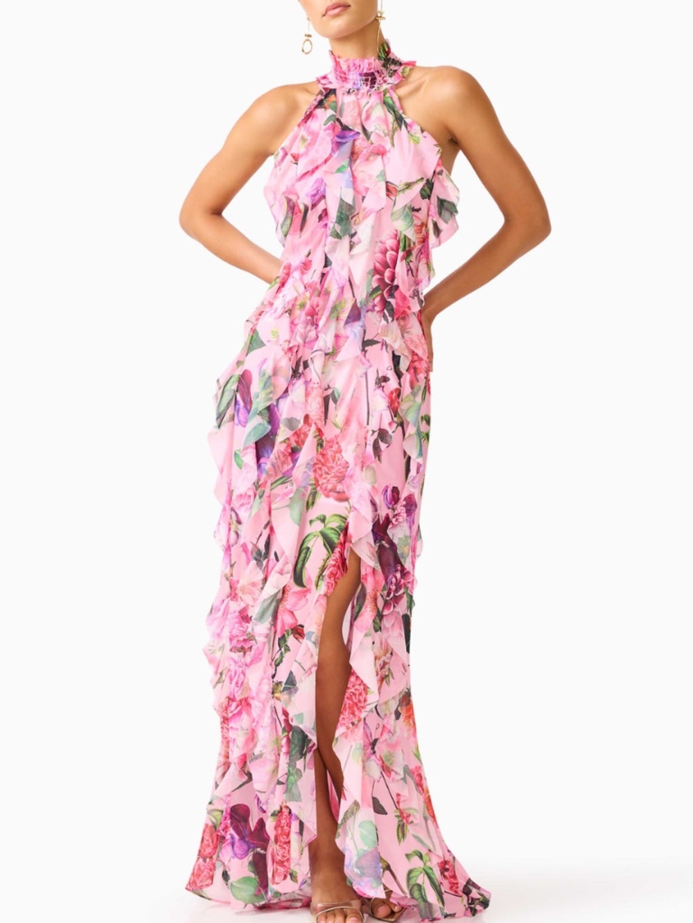 Elliatt Solene Halter Gown Pink Floral Ruffle Maxi Dress - SMALL
